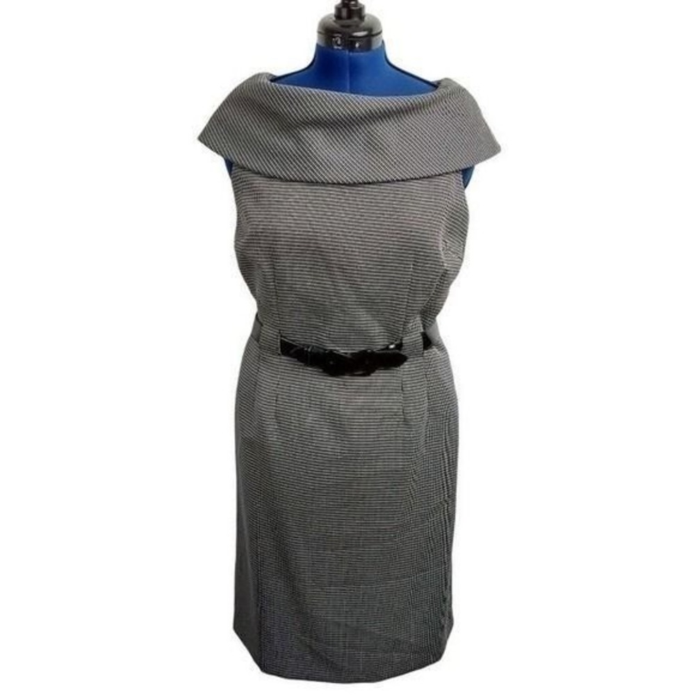 Tahari Arthur S Levine Houndstooth Portrait Collar Belted Sheath Dress Black 12